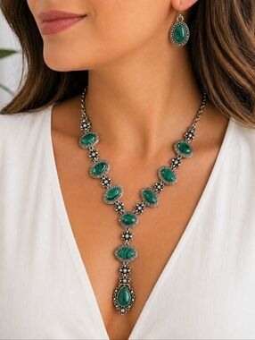 Statement Necklace Set Silver Tone Oval Drop Dangle Earrings Vintage Style